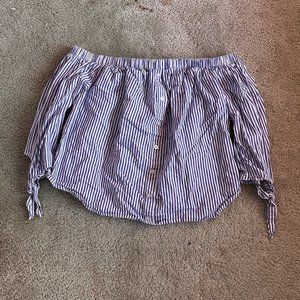 shirt, cropped, off shoulder, blue white stripes, size large